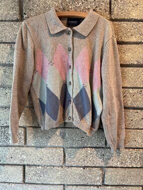 Liz Claiborne Lizsport Petite Medium Beige Argyle Button-Down Cardigan Sweater